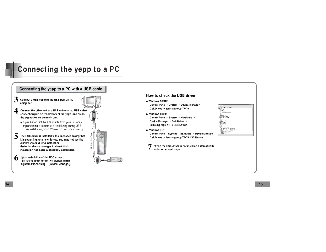 Samsung YP-T5 manual Connecting the yepp to a PC with a USB cable 