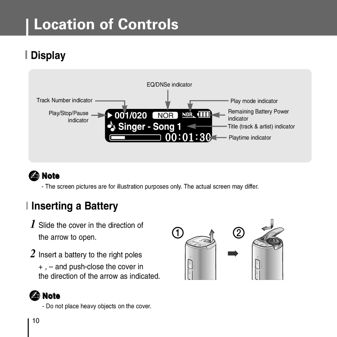 Samsung YP-T55 manual Display, Inserting a Battery 