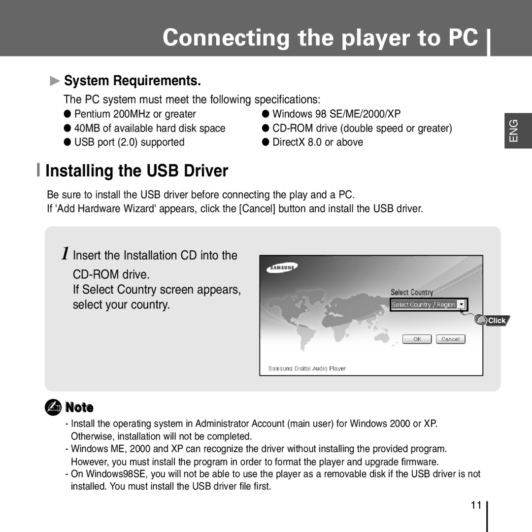 Samsung YP-T55 manual Connecting the player to PC, Installing the USB Driver 