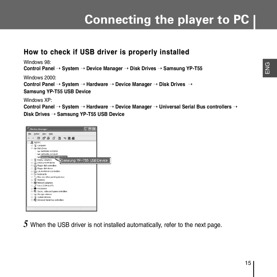 Samsung YP-T55 manual How to check if USB driver is properly installed 