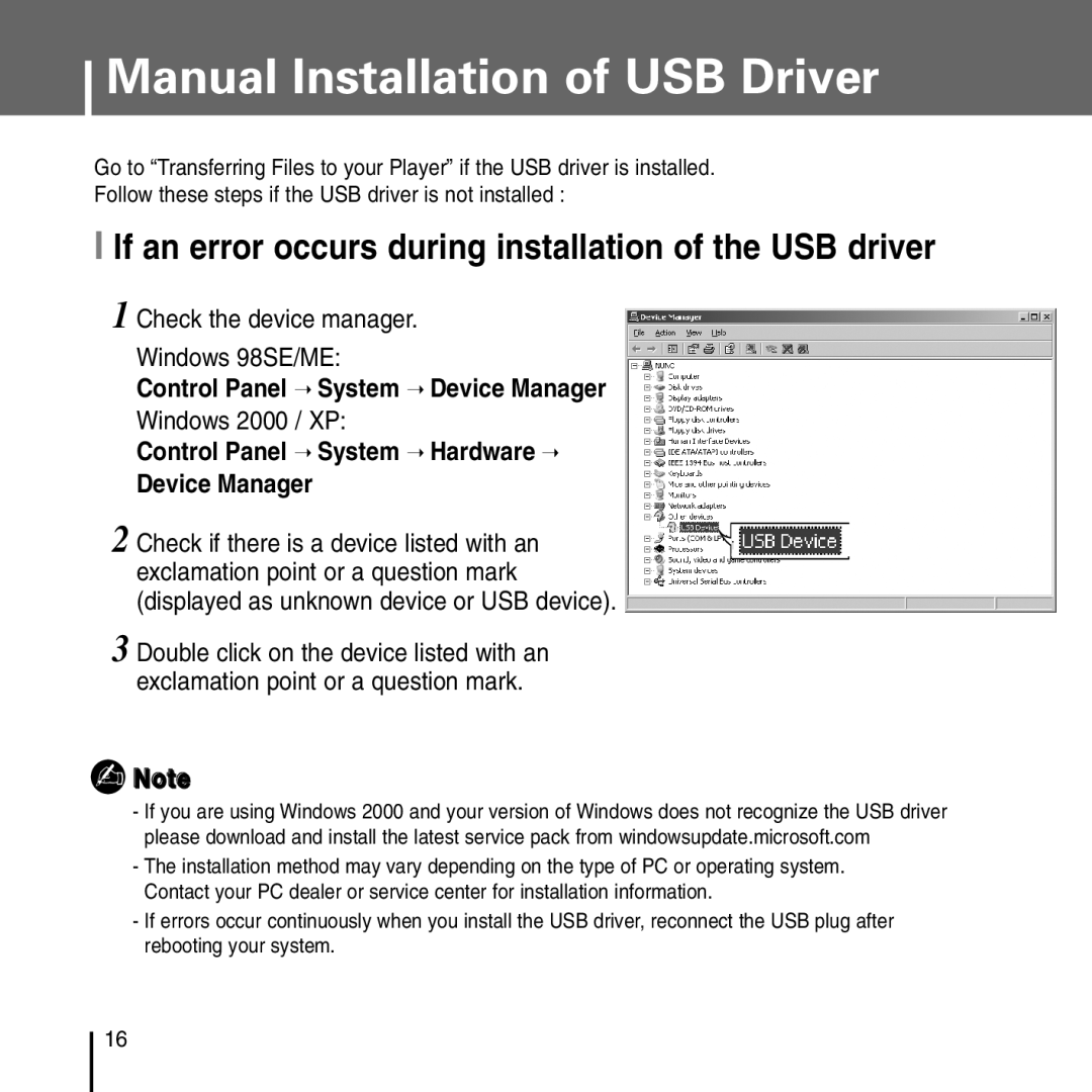 Samsung YP-T55 manual Manual Installation of USB Driver, If an error occurs during installation of the USB driver 