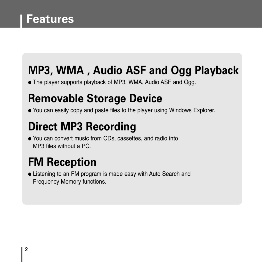 Samsung YP-T55 manual Features, Player supports playback of MP3, WMA, Audio ASF and Ogg 