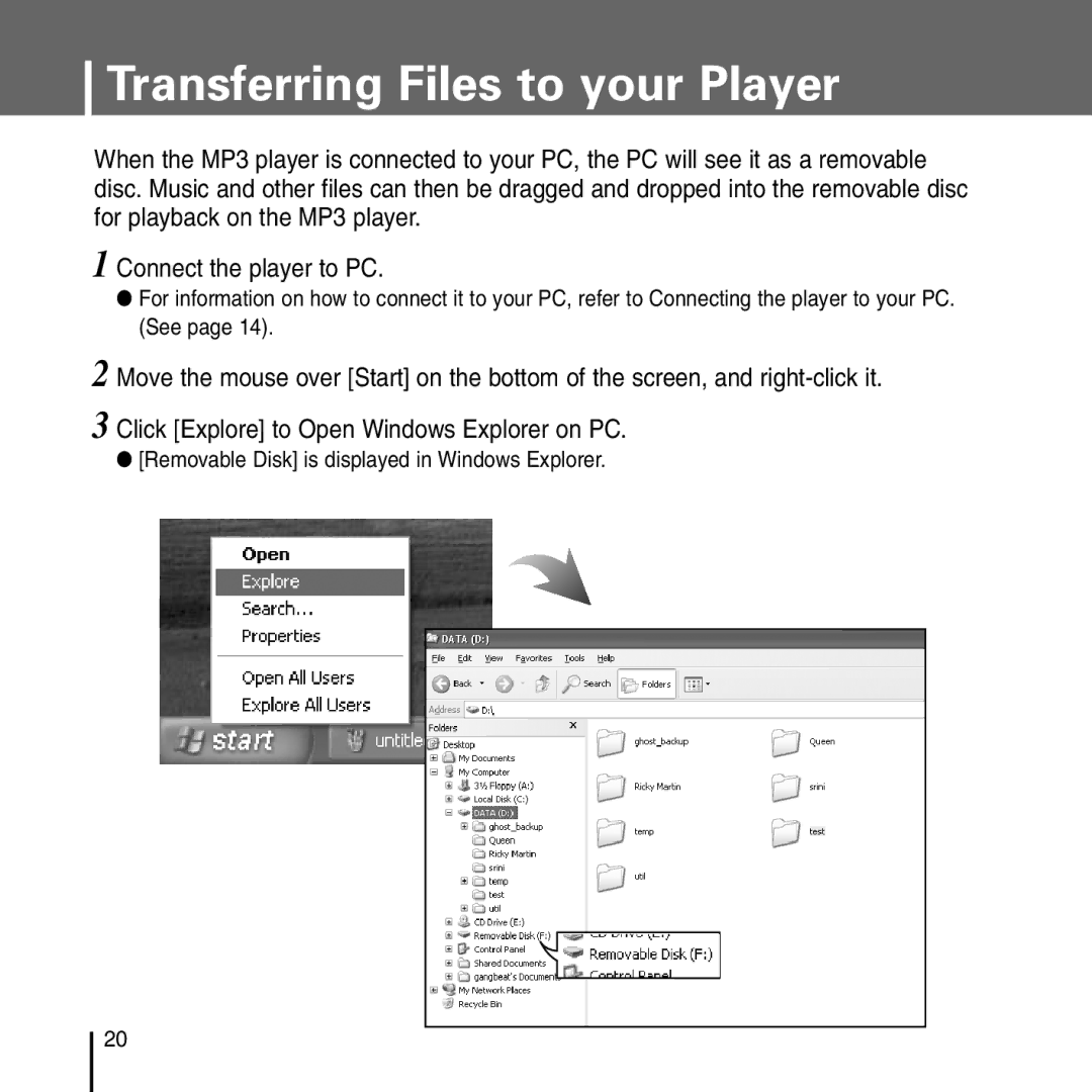 Samsung YP-T55 manual Transferring Files to your Player 