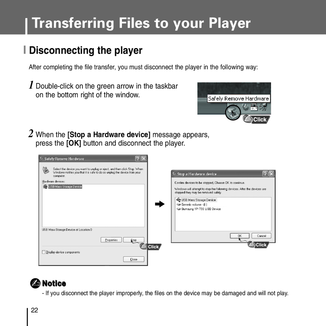 Samsung YP-T55 manual Disconnecting the player 