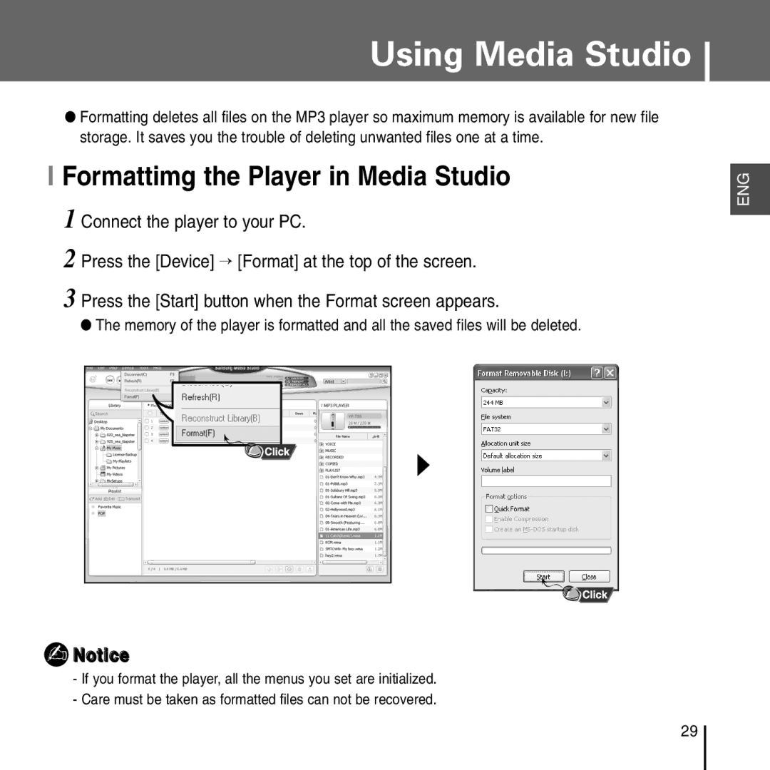 Samsung YP-T55 manual Formattimg the Player in Media Studio 