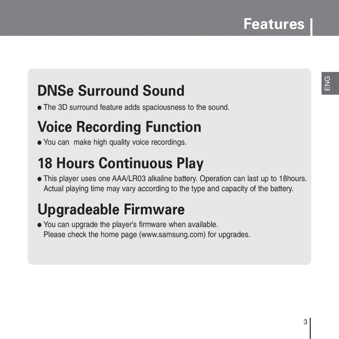 Samsung YP-T55 manual 3D surround feature adds spaciousness to the sound, You can make high quality voice recordings 