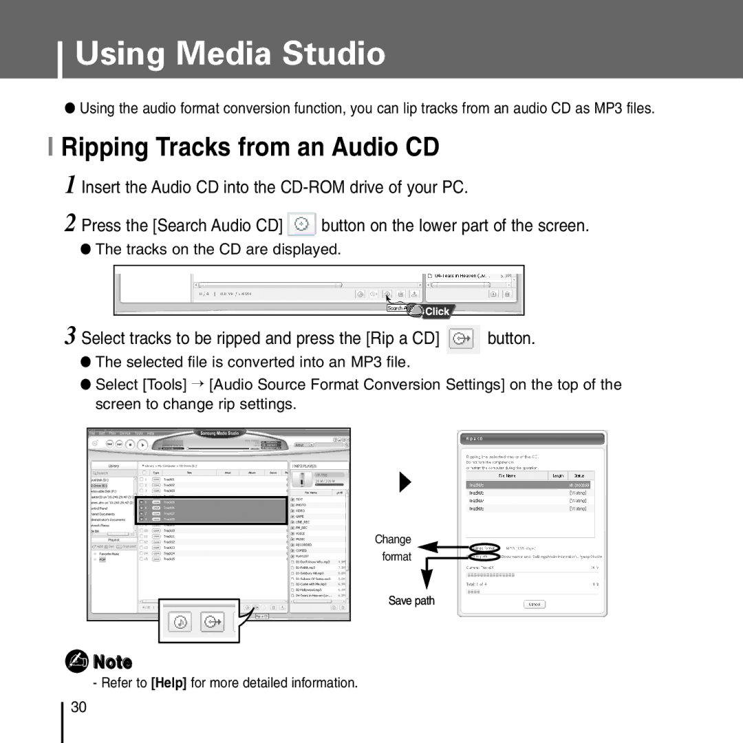 Samsung YP-T55 manual Ripping Tracks from an Audio CD, Select tracks to be ripped and press the Rip a CD 