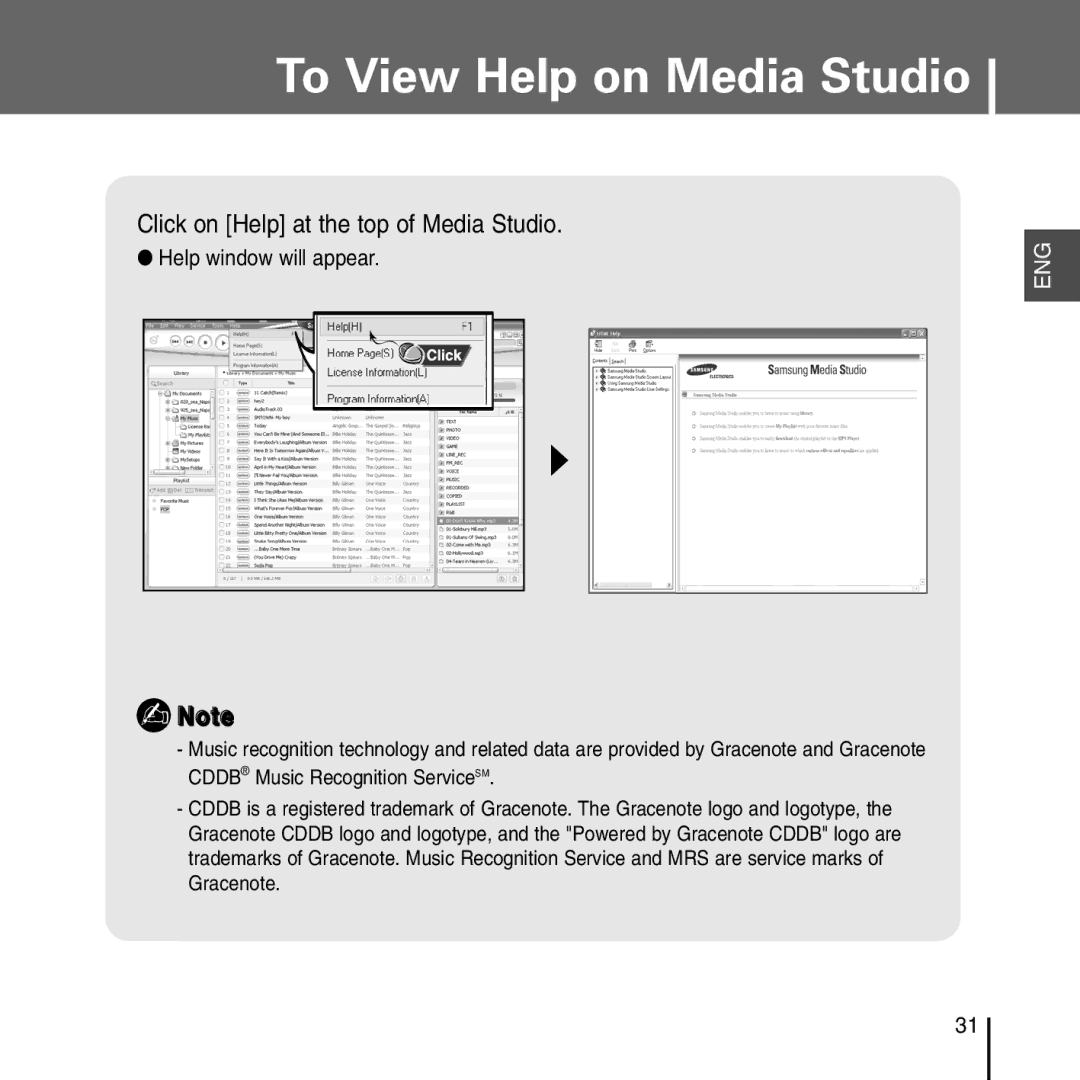 Samsung YP-T55 manual To View Help on Media Studio, Click on Help at the top of Media Studio 