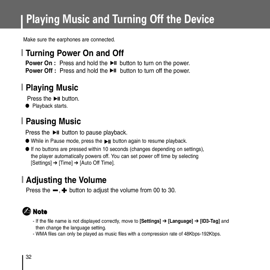 Samsung YP-T55 Playing Music and Turning Off the Device, Turning Power On and Off, Pausing Music, Adjusting the Volume 