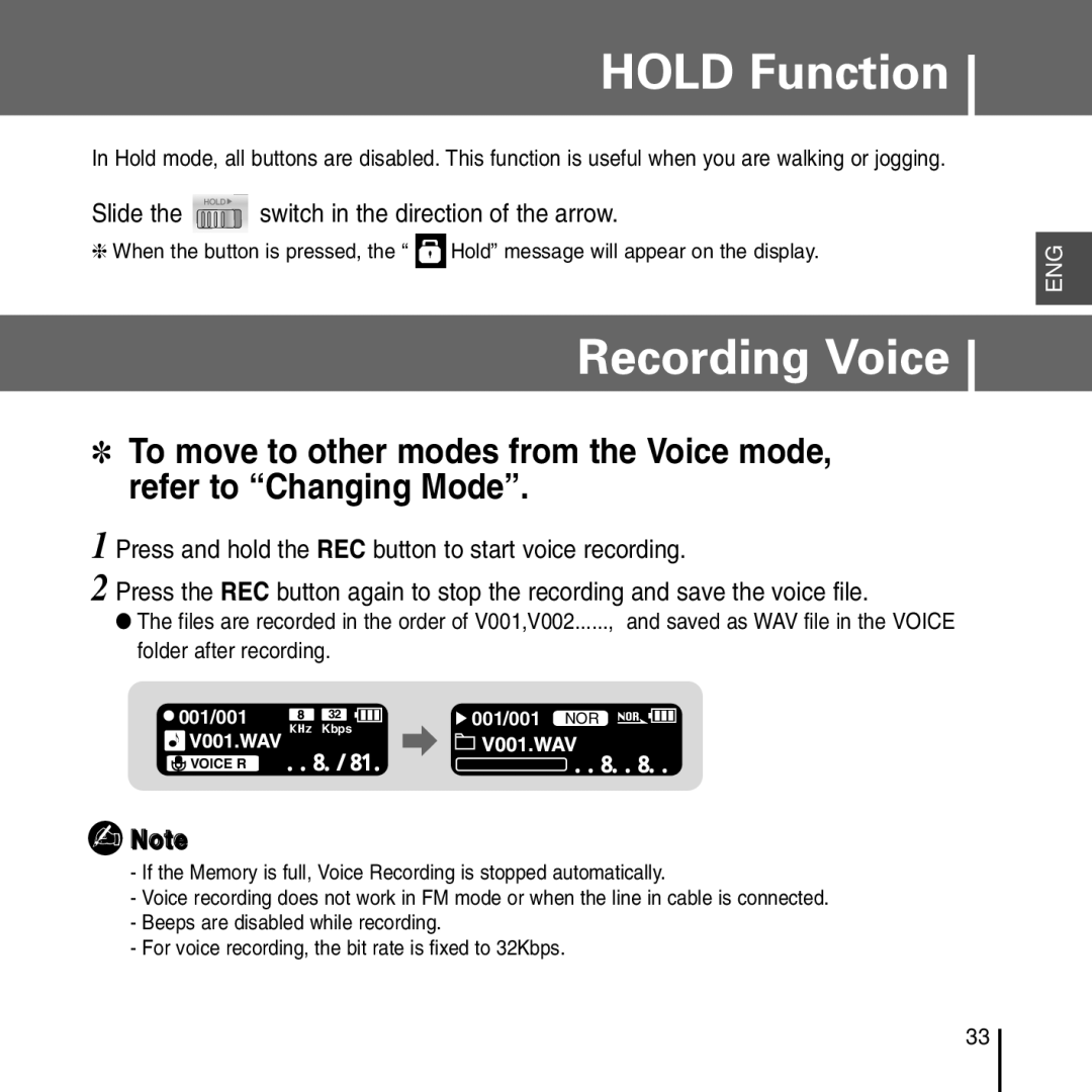 Samsung YP-T55 manual Hold Function, Recording Voice, Slide the switch in the direction of the arrow 