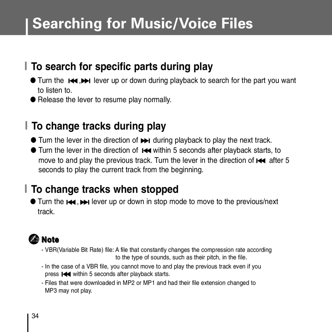 Samsung YP-T55 Searching for Music/Voice Files, To search for specific parts during play, To change tracks during play 