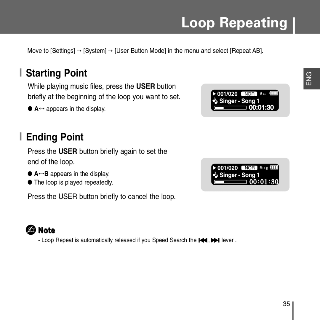 Samsung YP-T55 manual Loop Repeating, Starting Point, Ending Point, Press the User button briefly to cancel the loop 