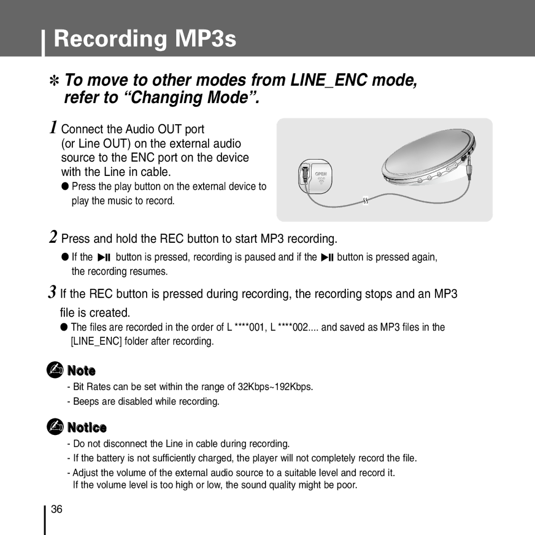 Samsung YP-T55 manual Recording MP3s, Press and hold the REC button to start MP3 recording 