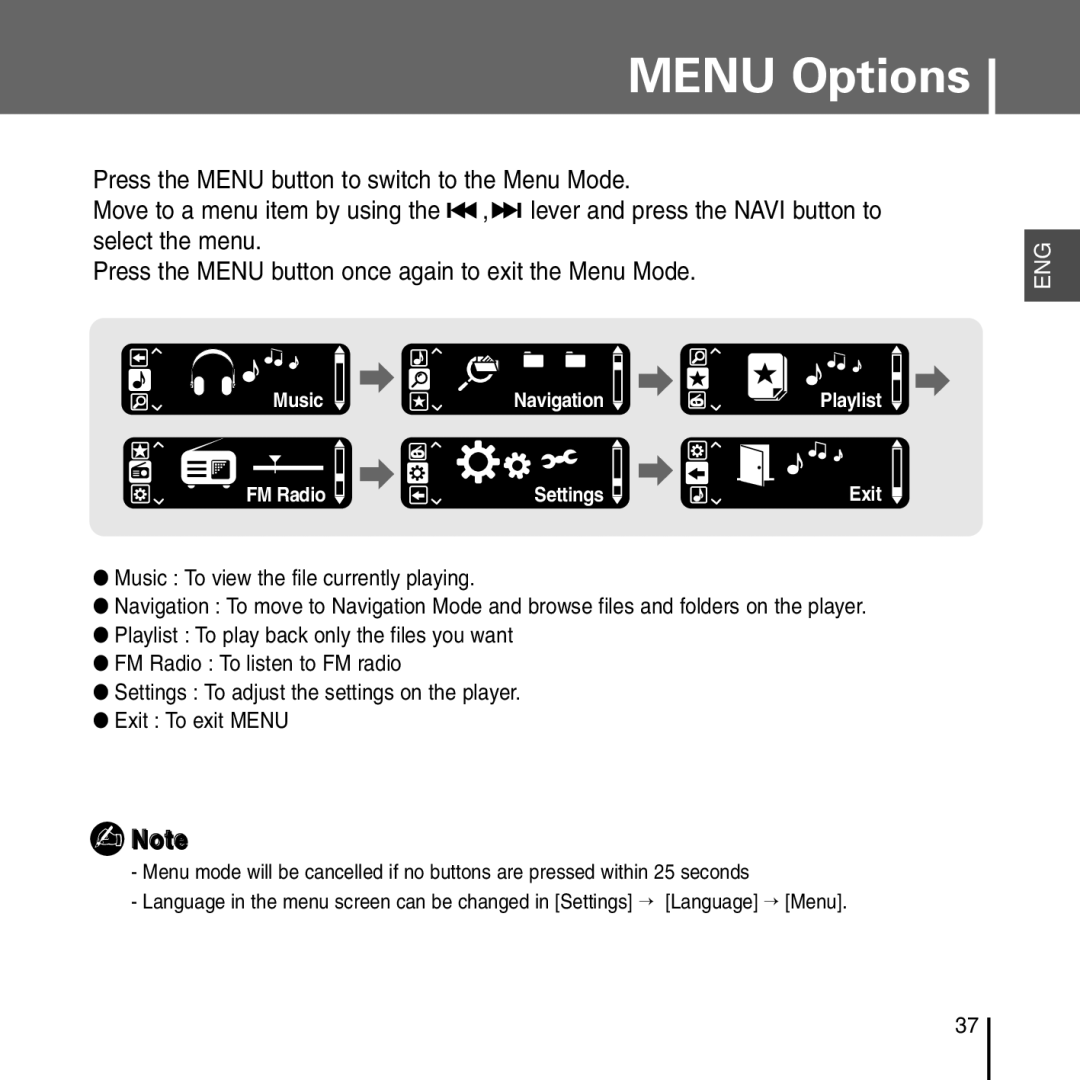 Samsung YP-T55 manual Menu Options, FM Radio Settings Exit 