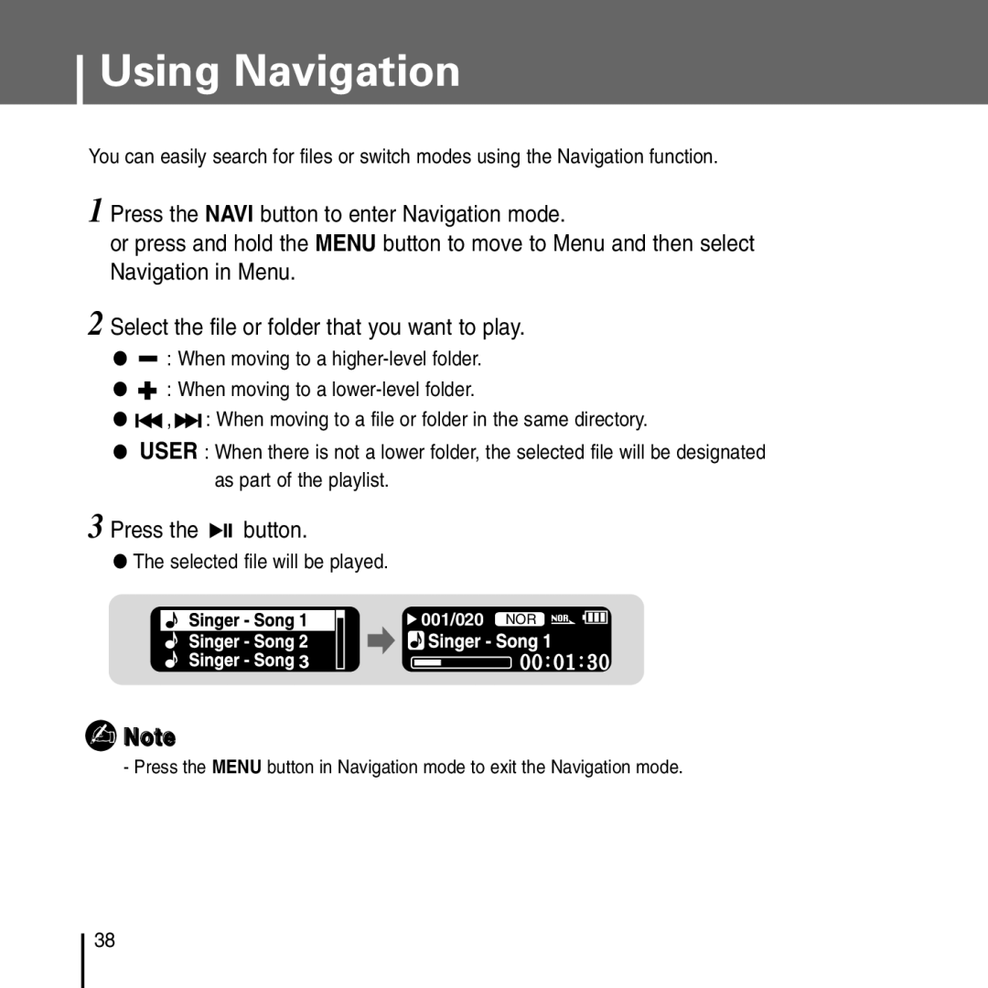 Samsung YP-T55 manual Using Navigation, Press the button 