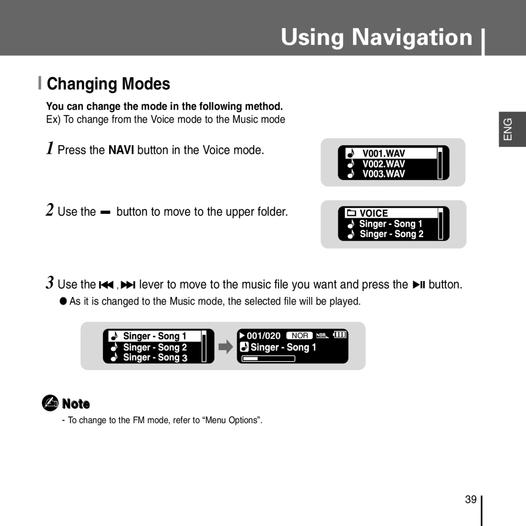 Samsung YP-T55 manual Changing Modes 