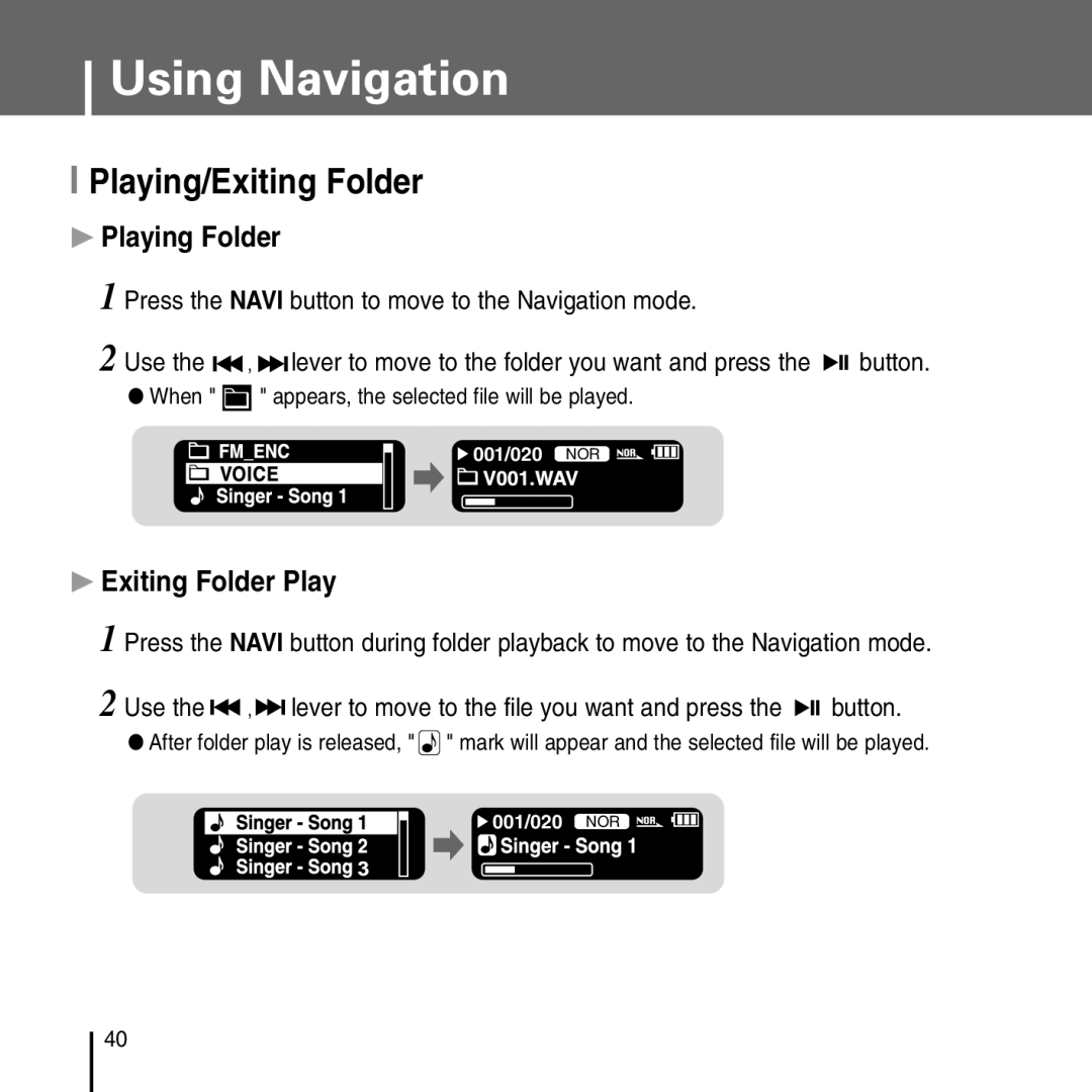 Samsung YP-T55 manual Playing/Exiting Folder, ❿Playing Folder 