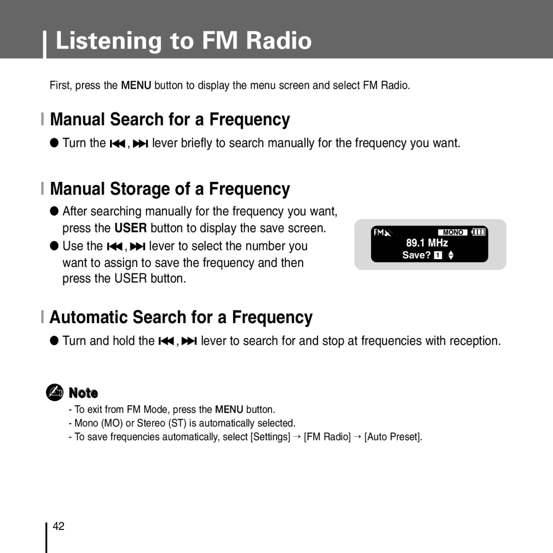 Samsung YP-T55 manual Listening to FM Radio, Manual Search for a Frequency, Manual Storage of a Frequency 