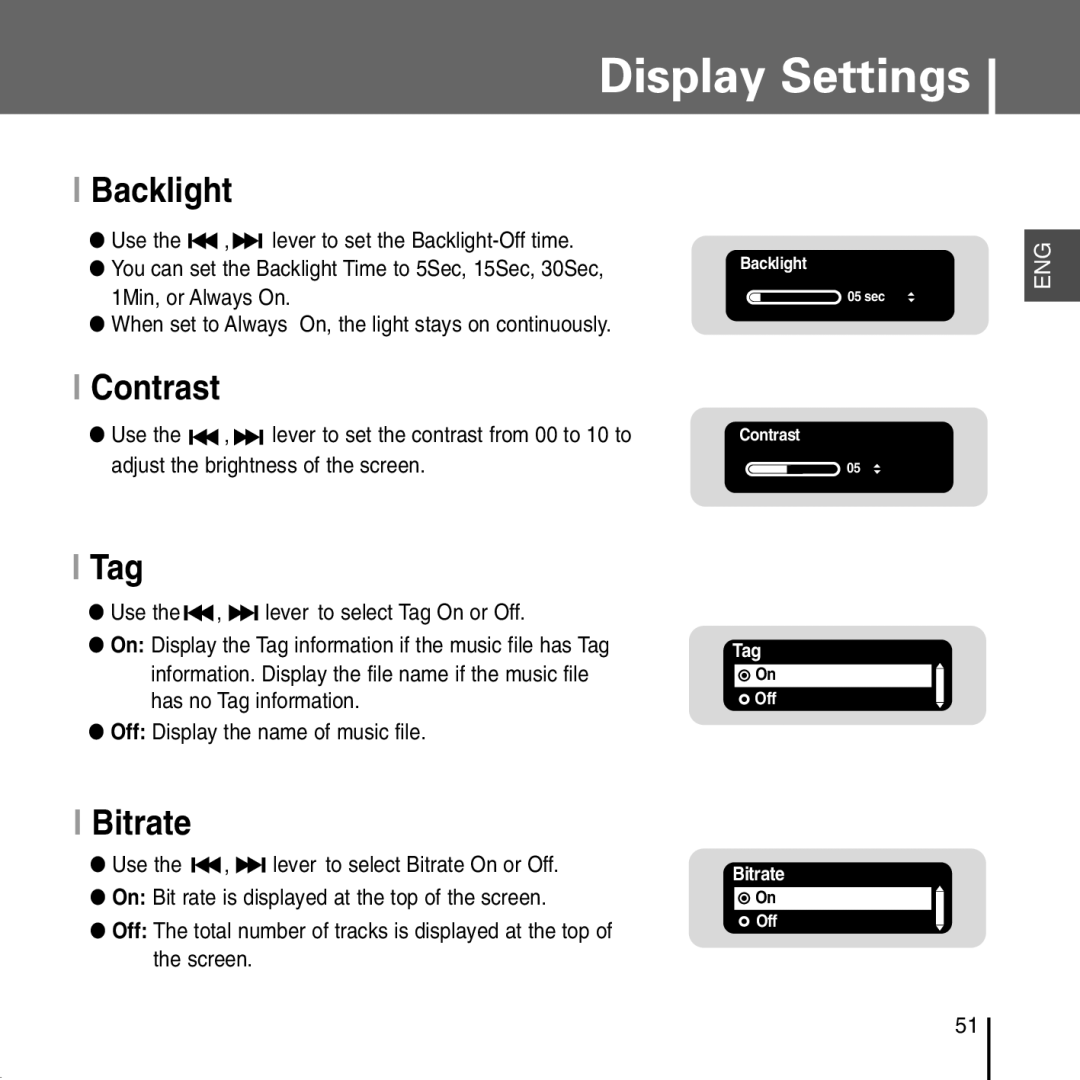 Samsung YP-T55 manual Backlight, Contrast, Tag, Bitrate 