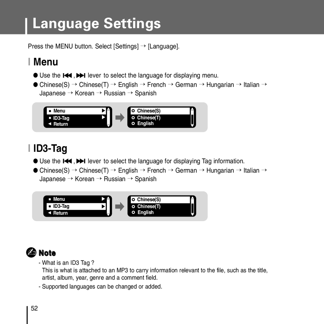 Samsung YP-T55 manual Language Settings, Menu, ID3-Tag 