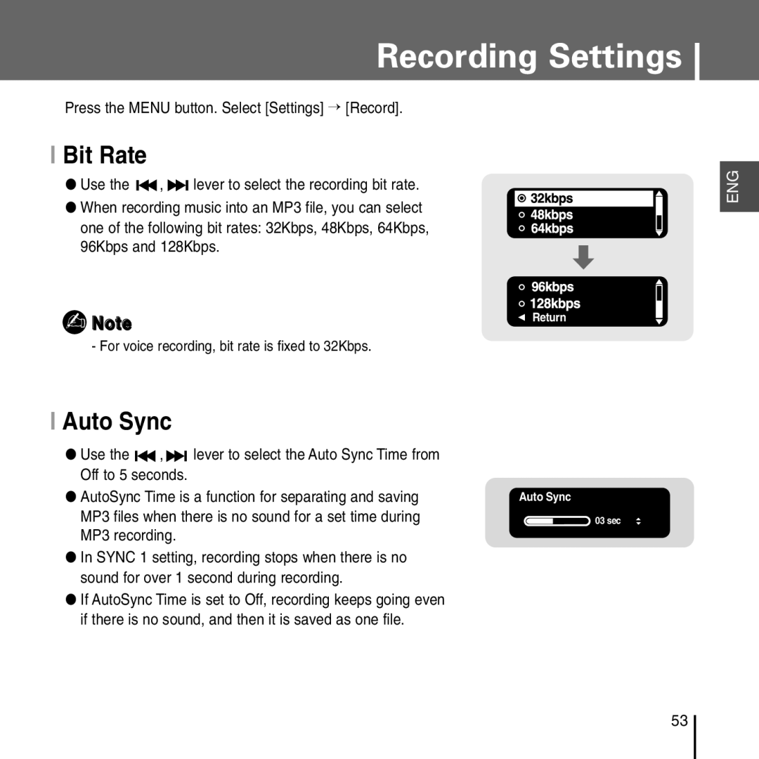 Samsung YP-T55 manual Recording Settings, Bit Rate, Auto Sync 