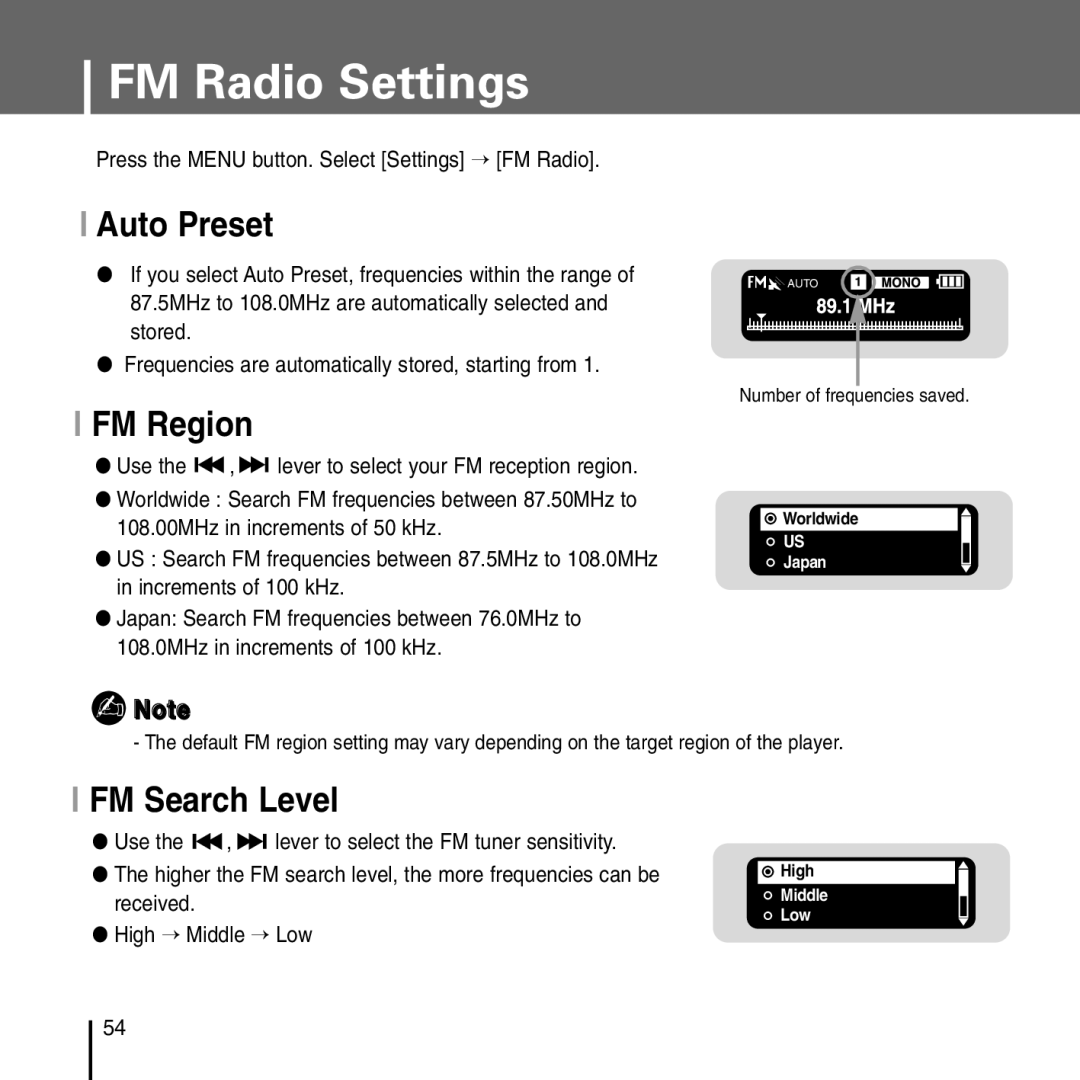 Samsung YP-T55 manual FM Radio Settings, Auto Preset, FM Region, FM Search Level 