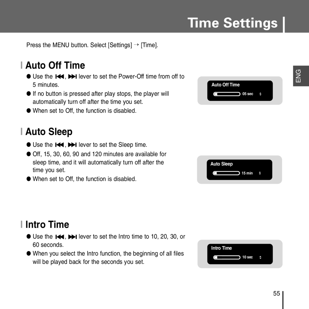 Samsung YP-T55 manual Time Settings, Auto Off Time, Auto Sleep, Intro Time 