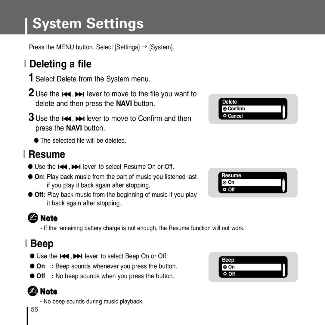 Samsung YP-T55 manual System Settings, Deleting a file, Resume, Beep, Select Delete from the System menu 