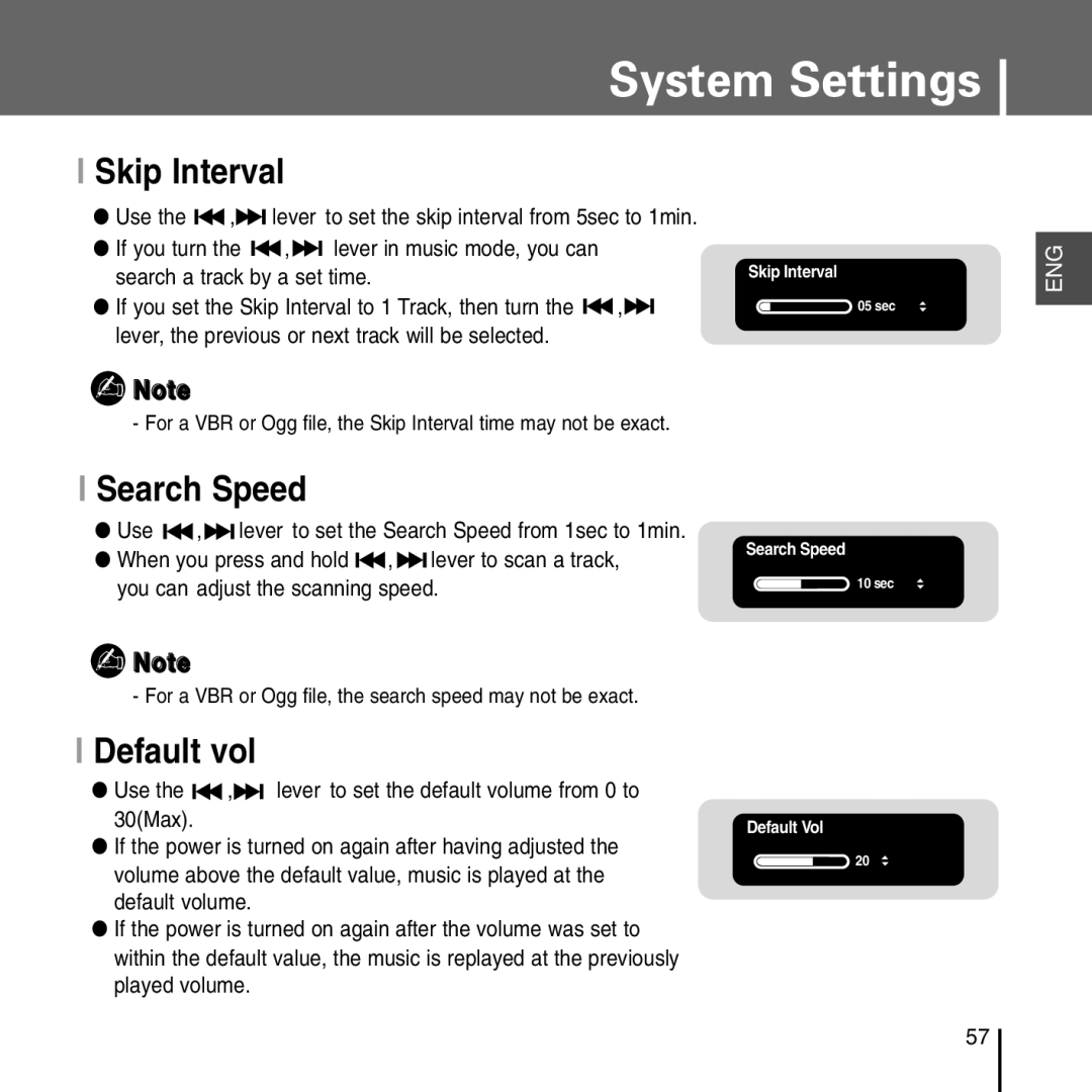 Samsung YP-T55 manual Skip Interval, Search Speed, Default vol 