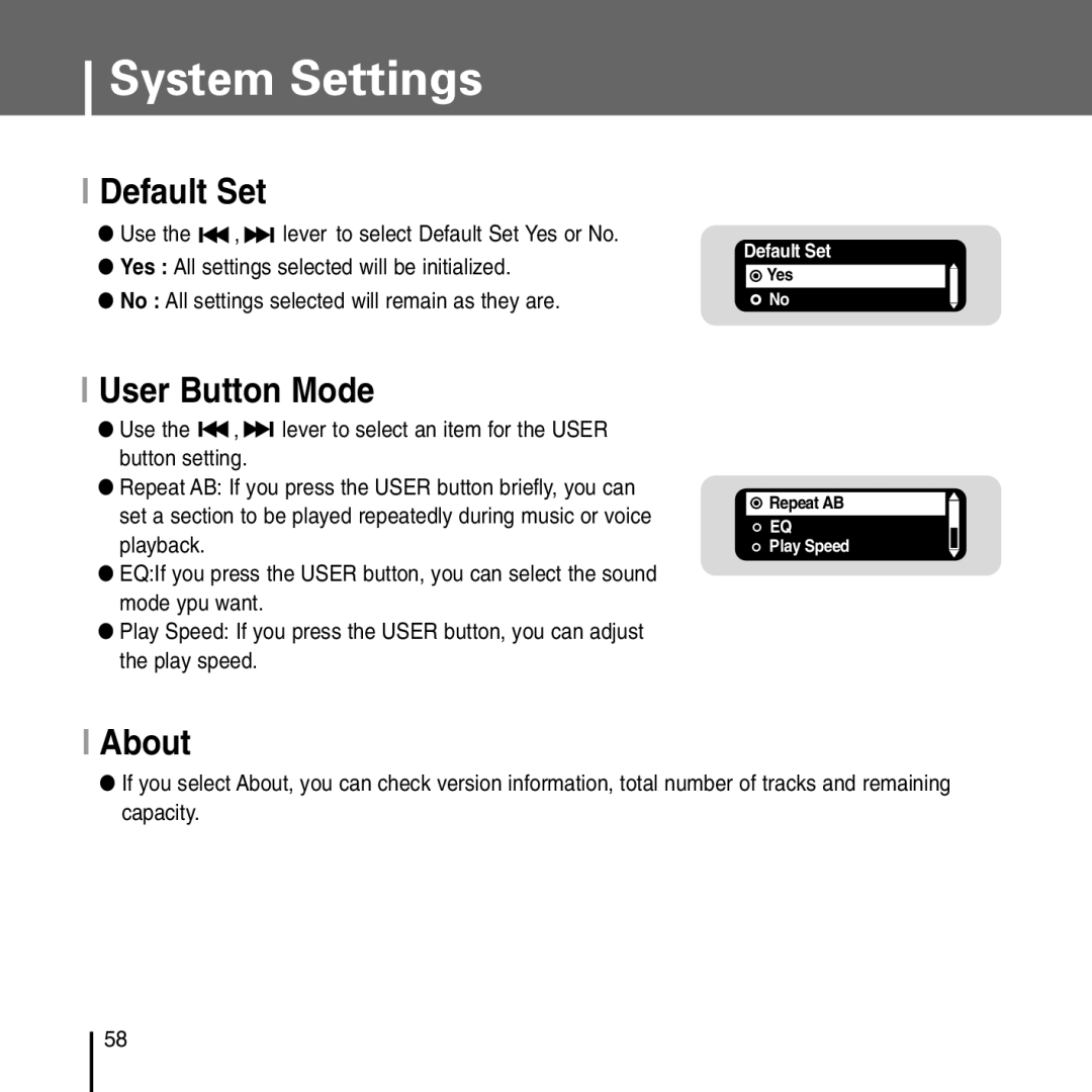 Samsung YP-T55 manual Default Set, User Button Mode, About 