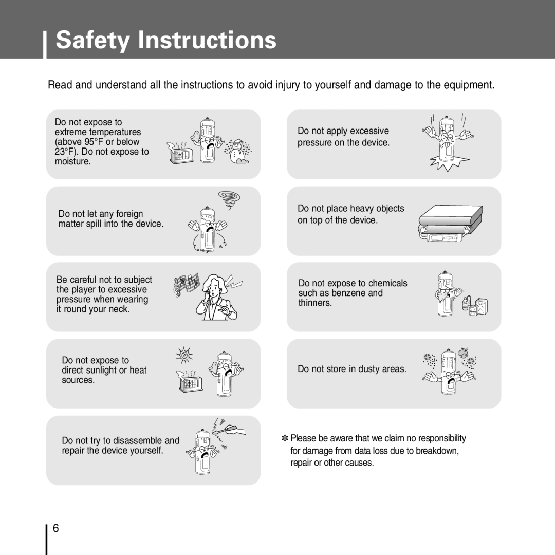 Samsung YP-T55 manual Safety Instructions 