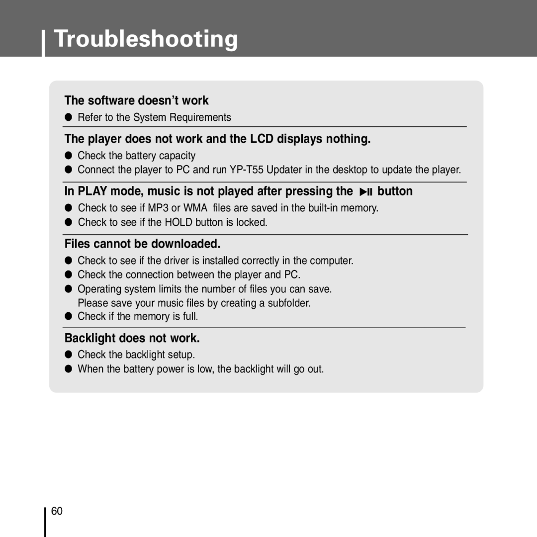 Samsung YP-T55 manual Troubleshooting, Player does not work and the LCD displays nothing 