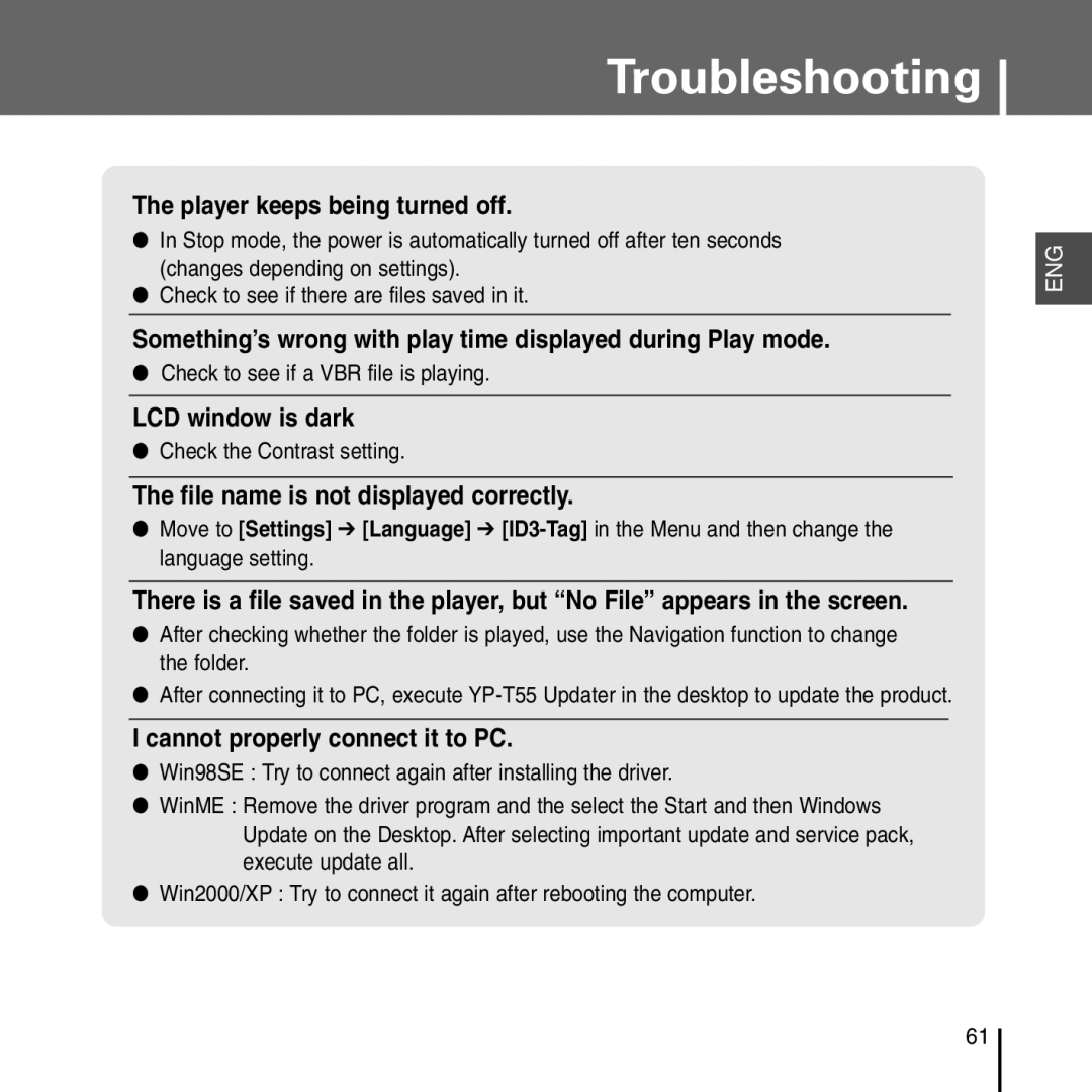 Samsung YP-T55 manual Something’s wrong with play time displayed during Play mode 