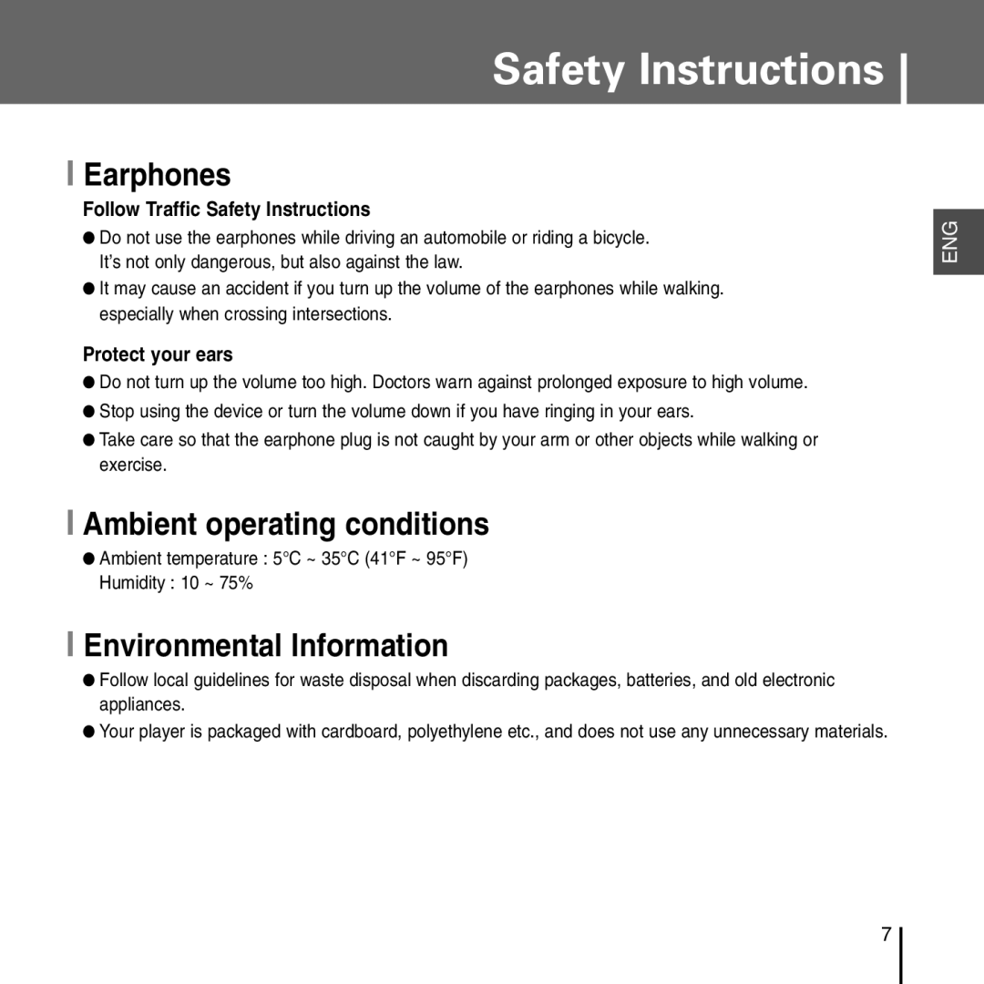 Samsung YP-T55 manual Earphones, Ambient operating conditions, Environmental Information 