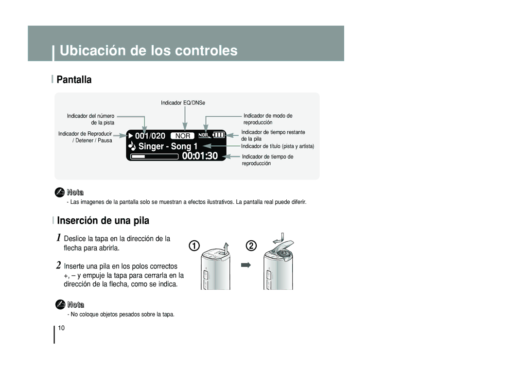 Samsung YP-T55XL/XET manual Pantalla, Inserción de una pila, Deslice la tapa en la dirección de la Flecha para abrirla 