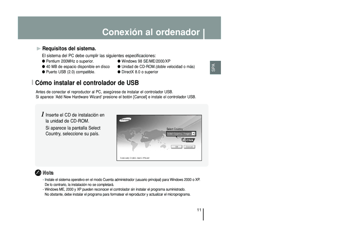 Samsung YP-T55ZW/XET, YP-T55XL/XET manual Conexión al ordenador, Cómo instalar el controlador de USB 