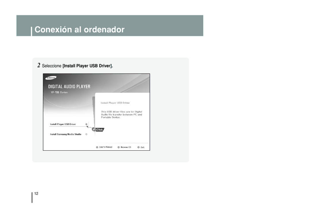 Samsung YP-T55XL/XET, YP-T55ZW/XET manual Seleccione Install Player USB Driver 