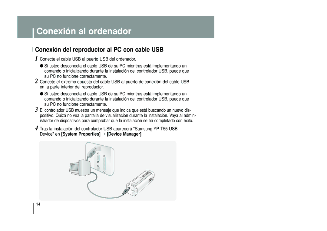 Samsung YP-T55XL/XET, YP-T55ZW/XET manual Conexión del reproductor al PC con cable USB 