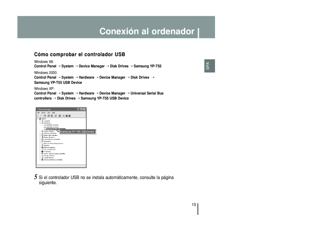 Samsung YP-T55ZW/XET, YP-T55XL/XET manual Cómo comprobar el controlador USB 