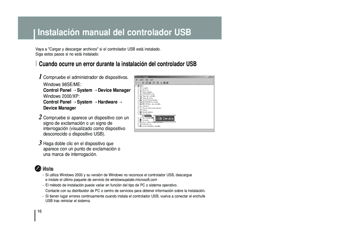 Samsung YP-T55XL/XET Instalación manual del controlador USB, Compruebe el administrador de dispositivos Windows 98SE/ME 