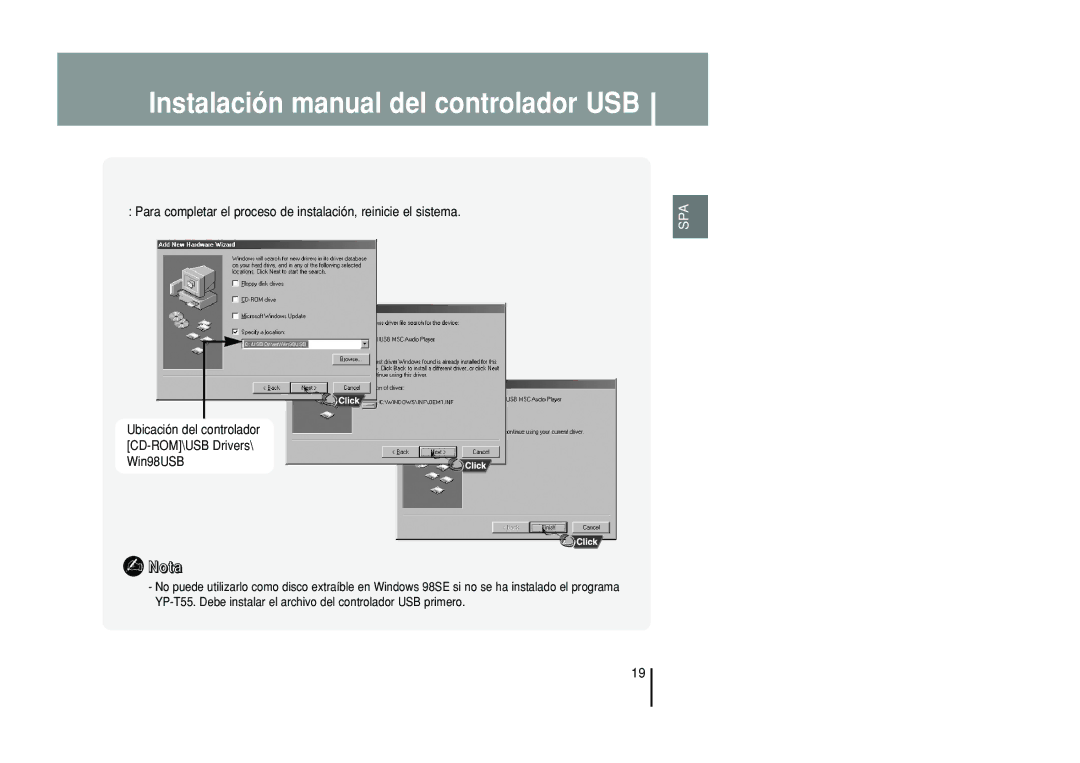 Samsung YP-T55ZW/XET, YP-T55XL/XET manual Ubicación del controlador CD-ROM\USB Drivers\ Win98USB 