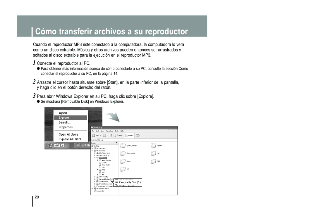 Samsung YP-T55XL/XET, YP-T55ZW/XET manual Cómo transferir archivos a su reproductor, Conecte el reproductor al PC 