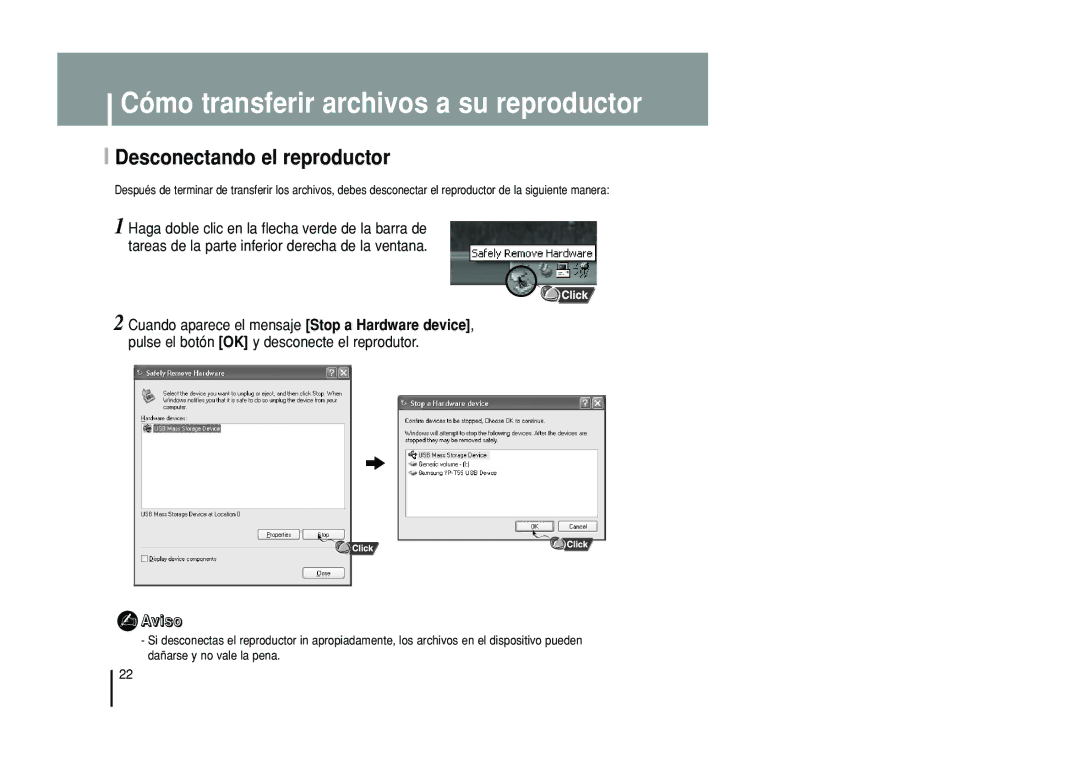 Samsung YP-T55XL/XET, YP-T55ZW/XET manual Desconectando el reproductor, Aviso 