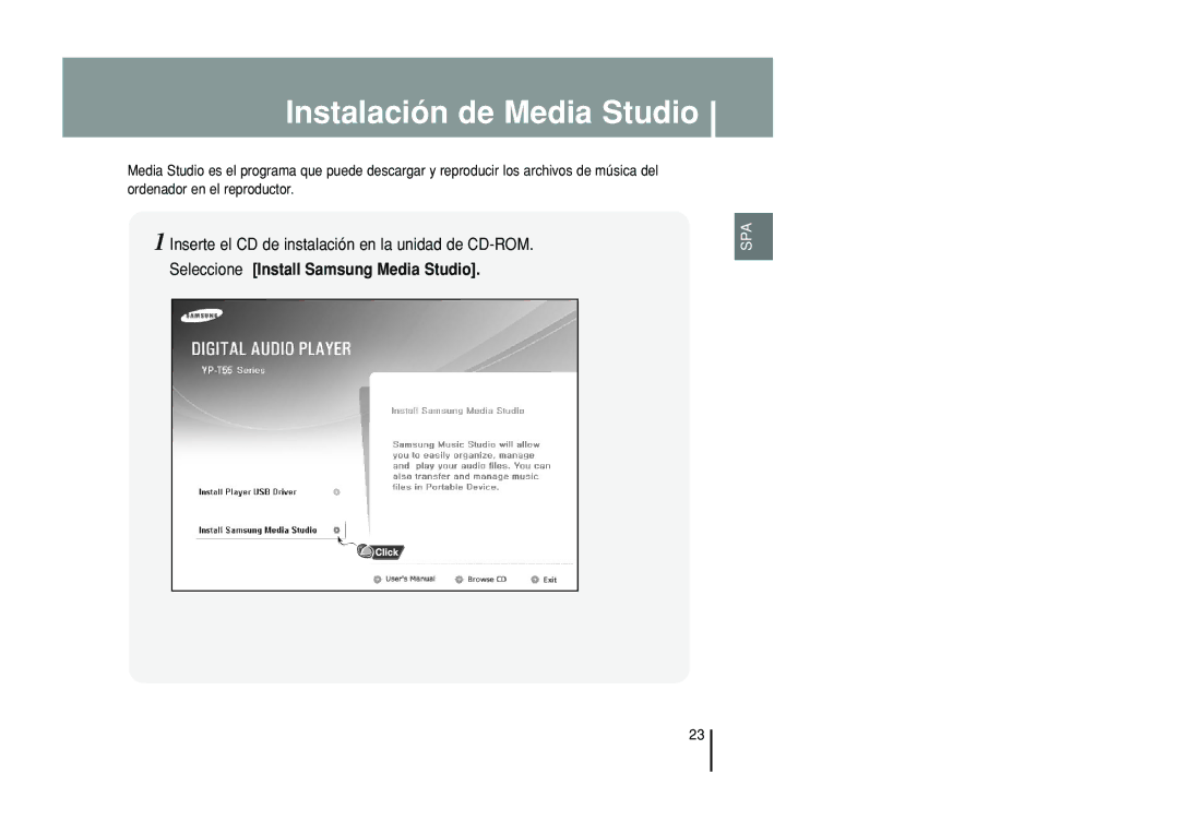 Samsung YP-T55ZW/XET, YP-T55XL/XET manual Instalación de Media Studio, Inserte el CD de instalación en la unidad de CD-ROM 