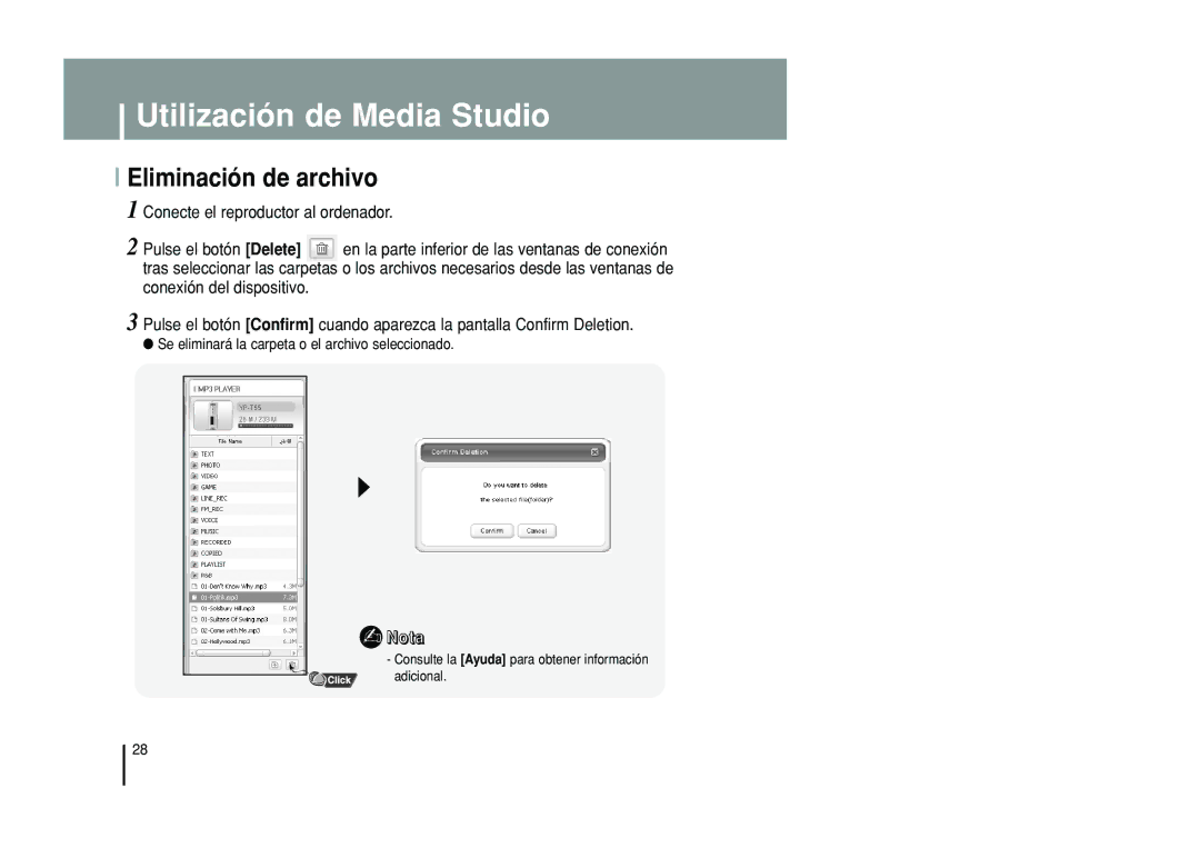 Samsung YP-T55XL/XET, YP-T55ZW/XET manual Eliminación de archivo 