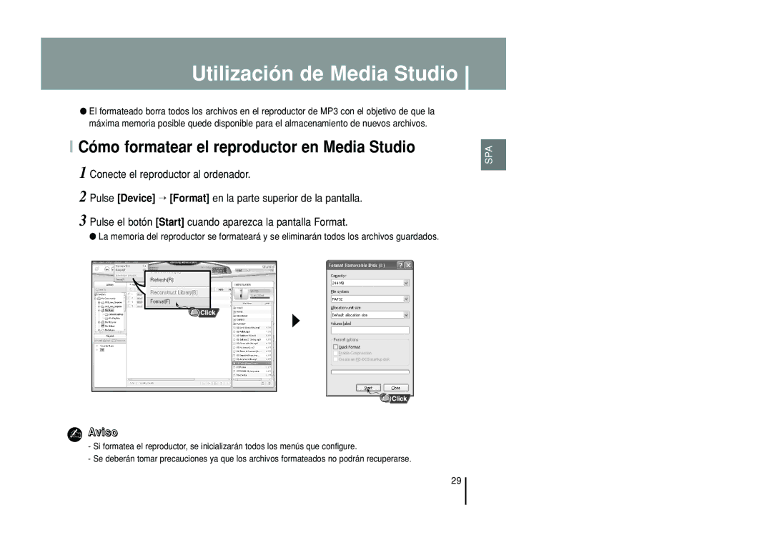 Samsung YP-T55ZW/XET, YP-T55XL/XET manual Cómo formatear el reproductor en Media Studio 