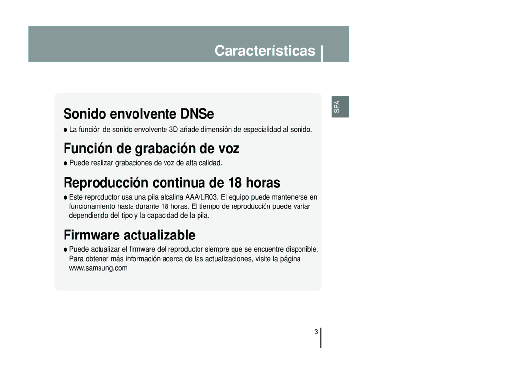 Samsung YP-T55ZW/XET, YP-T55XL/XET Reproducción continua de 18 horas, Puede realizar grabaciones de voz de alta calidad 