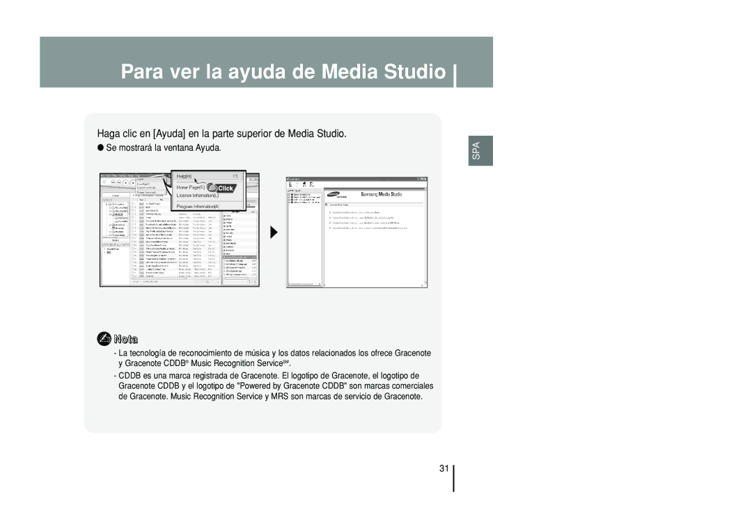 Samsung YP-T55ZW/XET manual Para ver la ayuda de Media Studio, Haga clic en Ayuda en la parte superior de Media Studio 