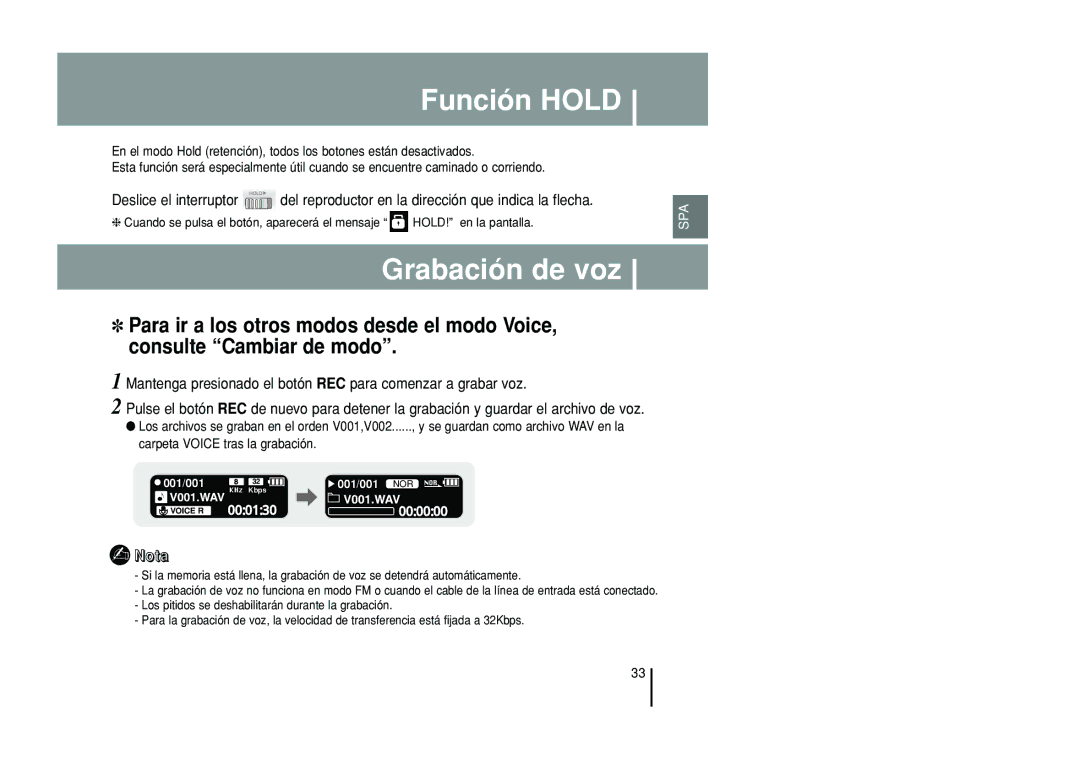 Samsung YP-T55ZW/XET manual Función Hold, Grabación de voz, Mantenga presionado el botón REC para comenzar a grabar voz 