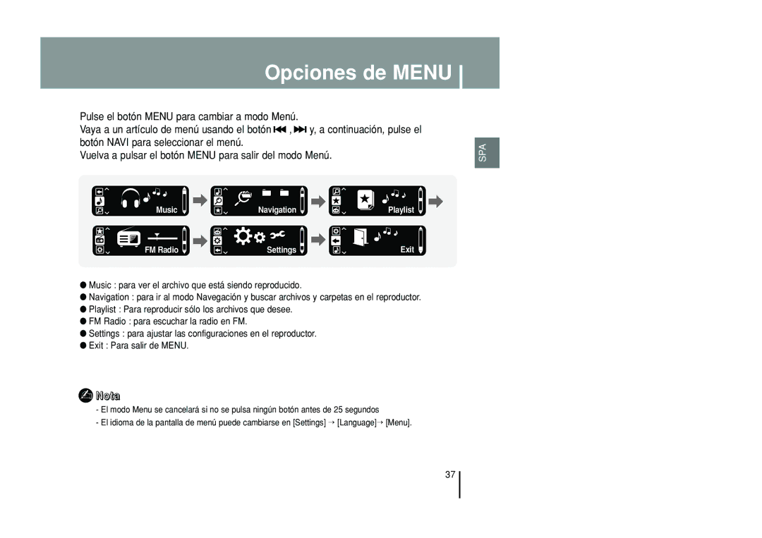 Samsung YP-T55ZW/XET, YP-T55XL/XET manual Opciones de Menu, FM Radio Settings Exit 